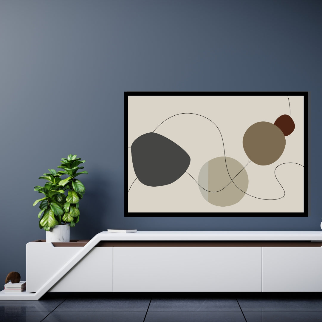 “Velin” by Clara Moret – abstract minimalist artwork with soft organic shapes in charcoal, taupe, olive, and beige, joined by fluid black linework on a muted background.