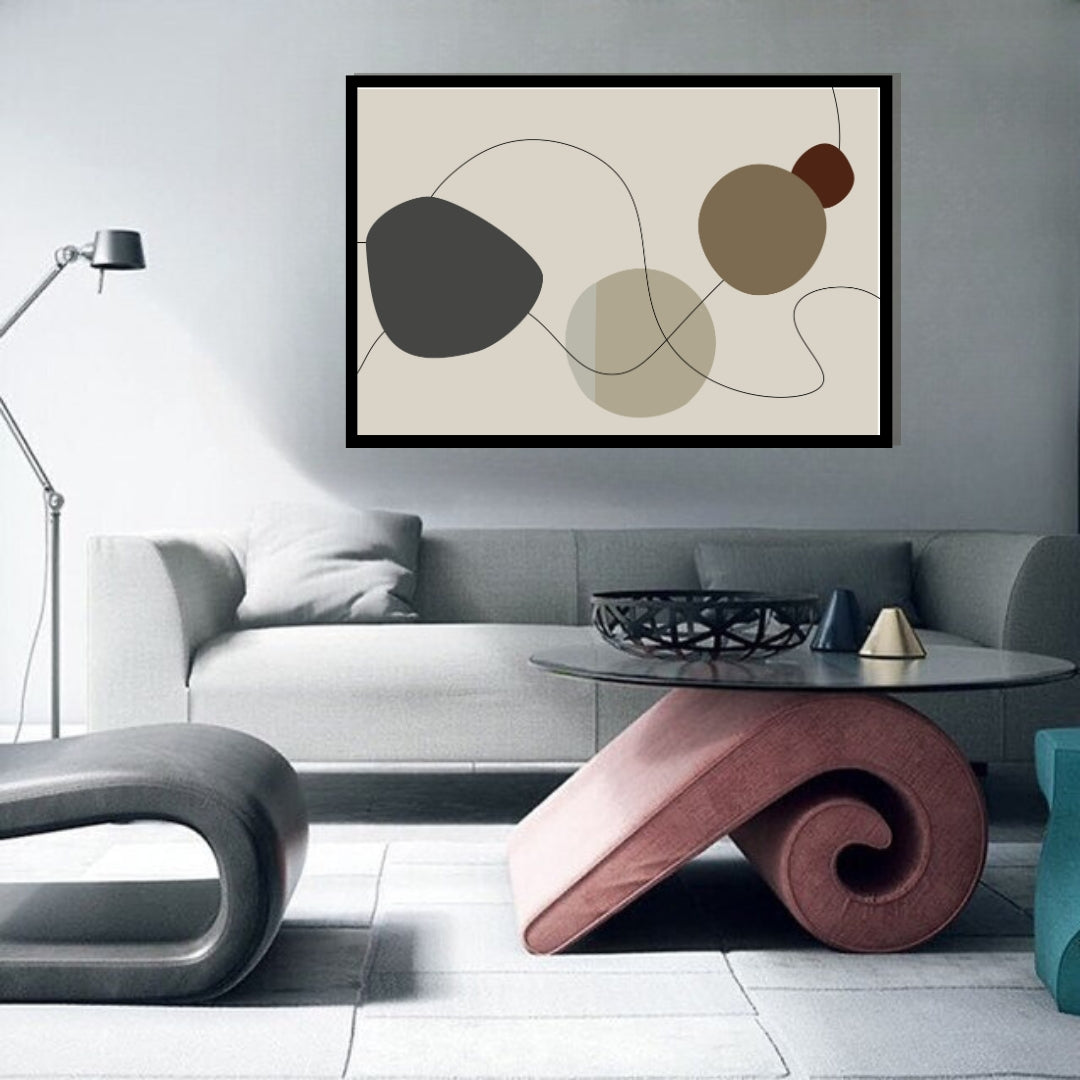 “Velin” by Clara Moret – abstract minimalist artwork with soft organic shapes in charcoal, taupe, olive, and beige, joined by fluid black linework on a muted background.
