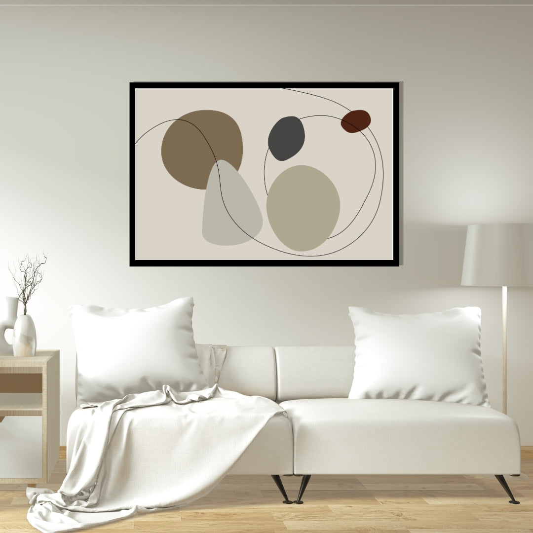 “Velora” by Clara Moret – abstract minimalist artwork with muted earth tones, geometric organic forms, and flowing black lines on a beige background.