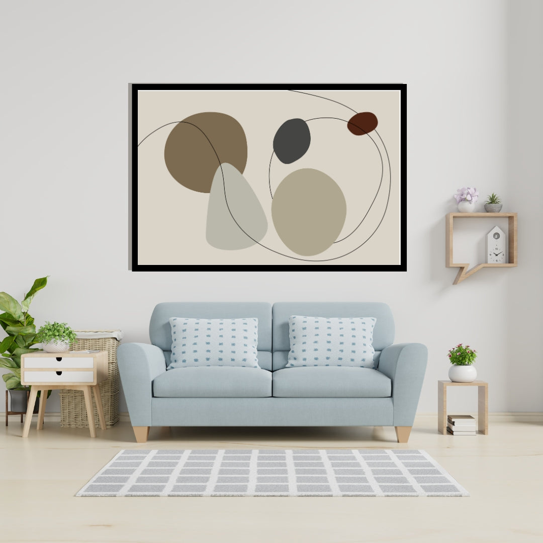 “Velora” by Clara Moret – abstract minimalist artwork with muted earth tones, geometric organic forms, and flowing black lines on a beige background.