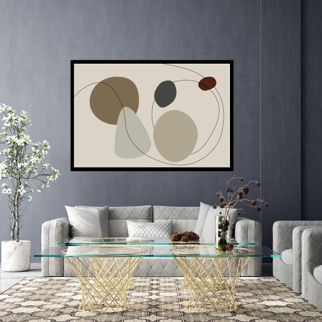 “Velora” by Clara Moret – abstract minimalist artwork with muted earth tones, geometric organic forms, and flowing black lines on a beige background.