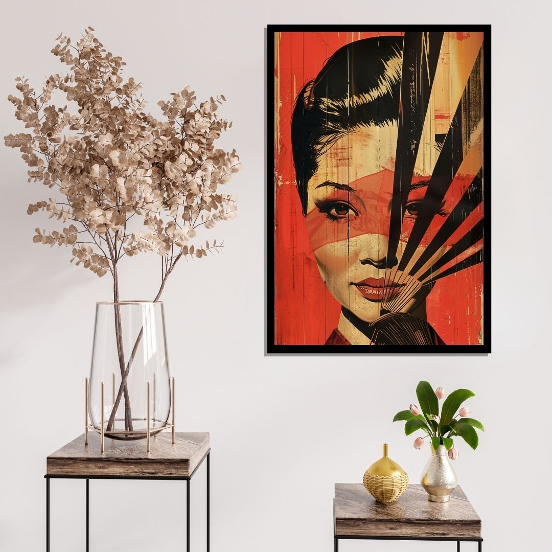“Vermilion Veil” by ArtixHub – figurative canvas wall art showcasing an elegant woman partially veiled behind a deep red fan, with traditional Asian influence and minimalist styling. Ideal for dressing rooms, studios, or wellness corners, this graceful portrait adds sophistication and cultural charm to UAE homes with refined artistic taste.
