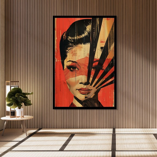 “Vermilion Veil” by ArtixHub – figurative canvas wall art showcasing an elegant woman partially veiled behind a deep red fan, with traditional Asian influence and minimalist styling. Ideal for dressing rooms, studios, or wellness corners, this graceful portrait adds sophistication and cultural charm to UAE homes with refined artistic taste.