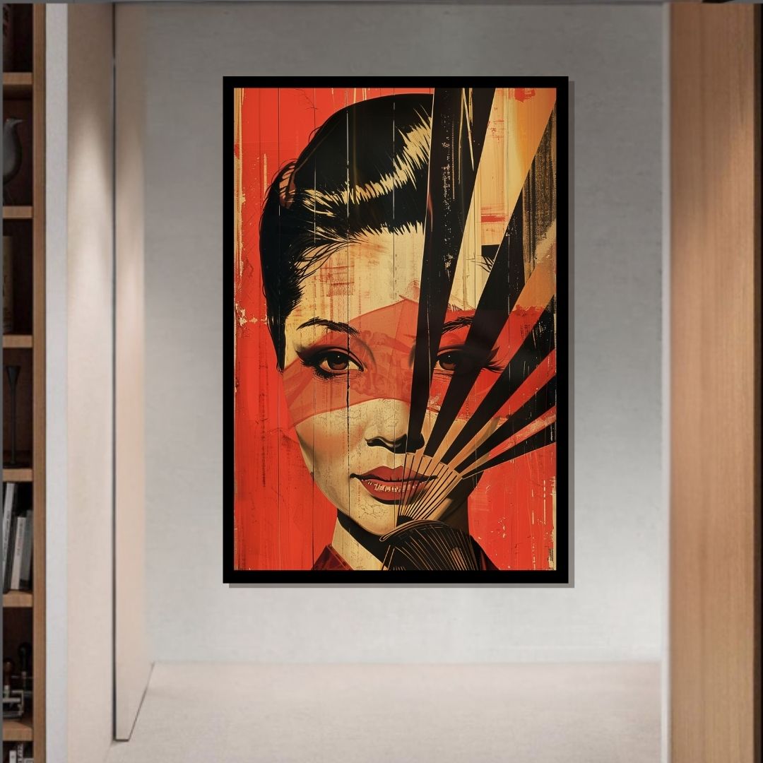“Vermilion Veil” by ArtixHub – figurative canvas wall art showcasing an elegant woman partially veiled behind a deep red fan, with traditional Asian influence and minimalist styling. Ideal for dressing rooms, studios, or wellness corners, this graceful portrait adds sophistication and cultural charm to UAE homes with refined artistic taste.