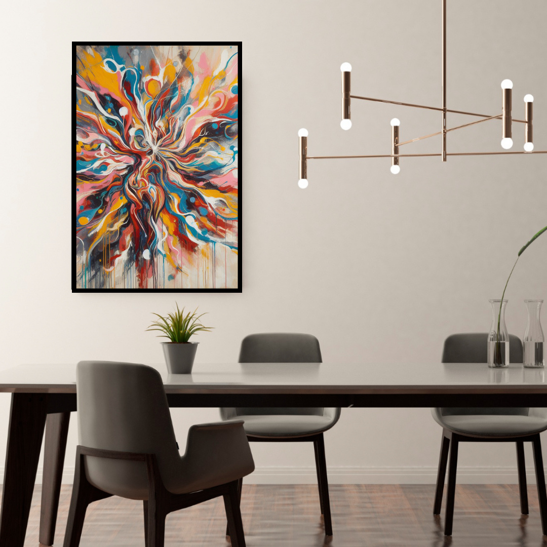 “Vibrant Visions” by ArtixHub – abstract canvas wall art filled with dynamic brushstrokes in bold blues, fiery reds, and vibrant yellows, expressing movement and emotion in a vivid explosion of color. Ideal for studios, game rooms, or modern lounges, this energetic piece electrifies UAE interiors with creativity and life.