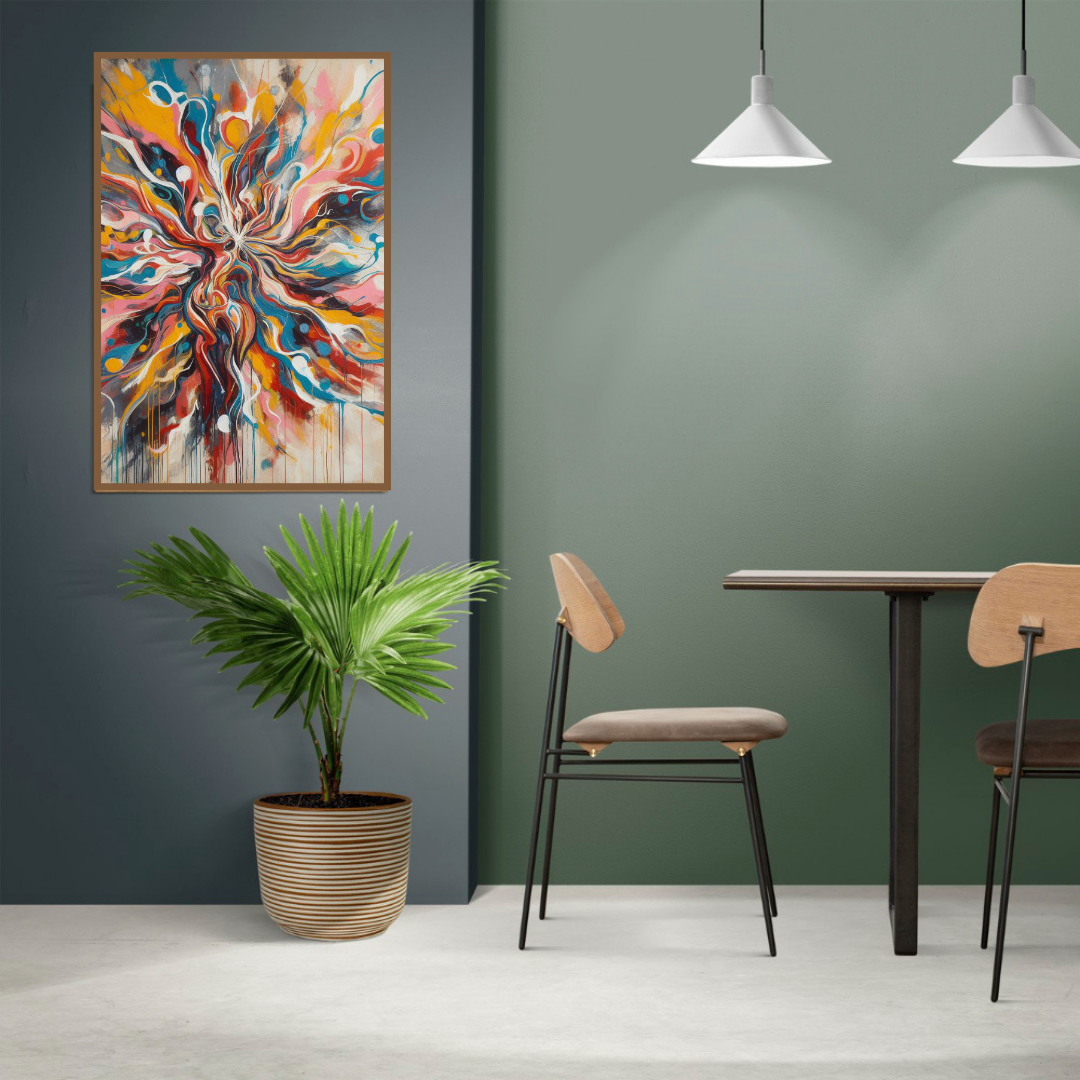 “Vibrant Visions” by ArtixHub – abstract canvas wall art filled with dynamic brushstrokes in bold blues, fiery reds, and vibrant yellows, expressing movement and emotion in a vivid explosion of color. Ideal for studios, game rooms, or modern lounges, this energetic piece electrifies UAE interiors with creativity and life.