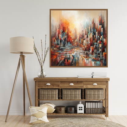 “Vivid Horizons” by ArtixHub – abstract canvas wall art featuring layered tones of crimson, orange, peach, and violet, echoing a bold and artistic interpretation of a glowing horizon. Ideal for dining rooms, lounge areas, or modern hallways, this radiant piece infuses UAE interiors with warmth, energy, and a sense of colorful calm.