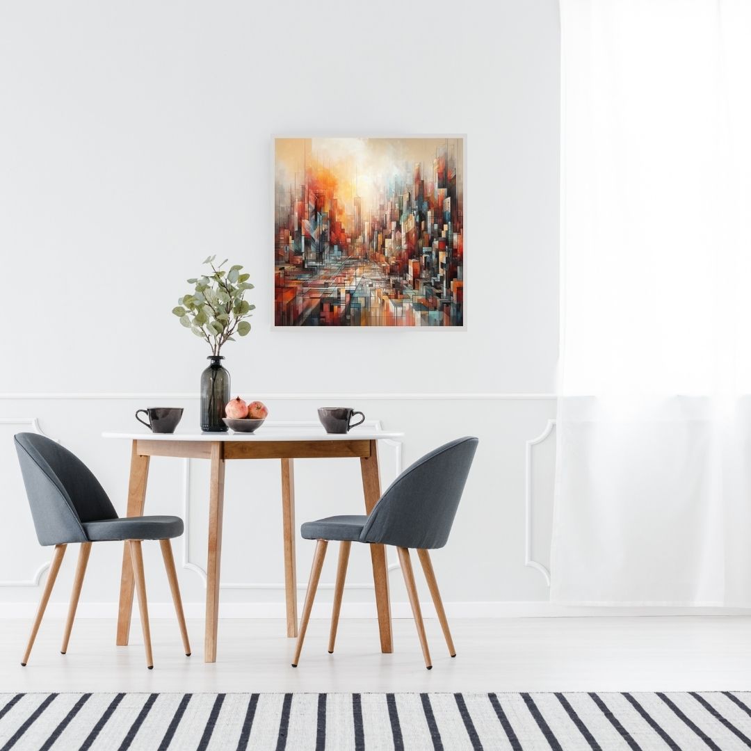 “Vivid Horizons” by ArtixHub – abstract canvas wall art featuring layered tones of crimson, orange, peach, and violet, echoing a bold and artistic interpretation of a glowing horizon. Ideal for dining rooms, lounge areas, or modern hallways, this radiant piece infuses UAE interiors with warmth, energy, and a sense of colorful calm.