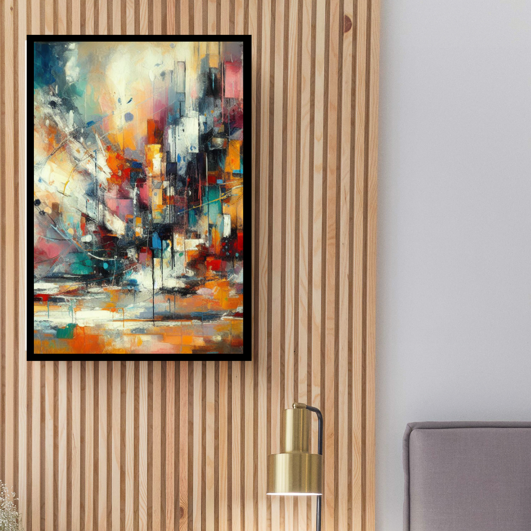 “Vivid Visions” by ArtixHub – abstract canvas wall art filled with dynamic brushstrokes in bold blues, fiery reds, and vibrant yellows, expressing movement and emotion in a vivid explosion of color. Ideal for studios, game rooms, or modern lounges, this energetic piece electrifies UAE interiors with creativity and life.