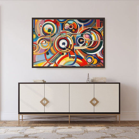 “Whimsical Orbits” by ArtixHub – abstract canvas wall art featuring playful circular patterns in vibrant tones of teal, yellow, and rose, arranged with rhythmic balance and charm. Ideal for game rooms, studios, or modern hallways, this joyful piece adds lighthearted motion and contemporary flair to UAE homes with creative energy.