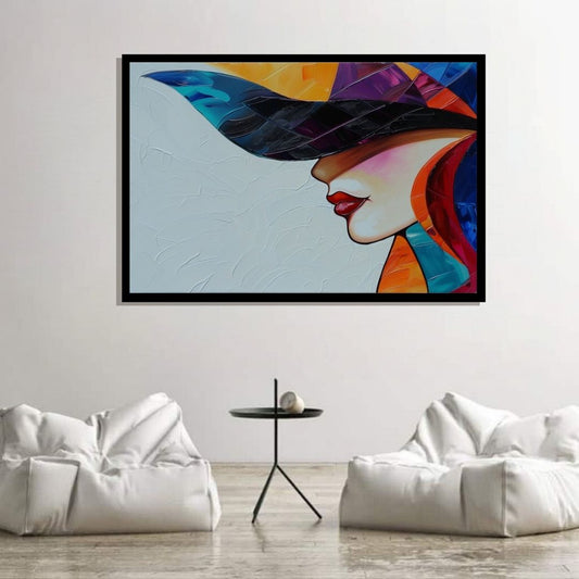 “Whispers of Charisma” by ArtixHub – figurative canvas wall art featuring a confident woman in a bold hat, her silhouette radiating elegance through expressive brushwork and vibrant tones. Ideal for dressing rooms, studios, or lounge spaces, this captivating portrait brings high-fashion flair and vibrant poise to UAE interiors with charisma and color.