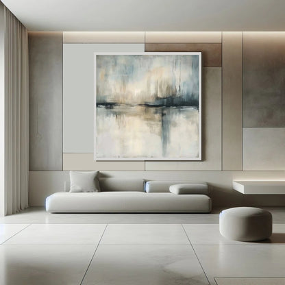 “Whispers on Water” by Sarah Lemaire – abstract horizon painting with ivory, slate blue, and beige tones, evoking calm waters and mirrored reflections in minimalist style.