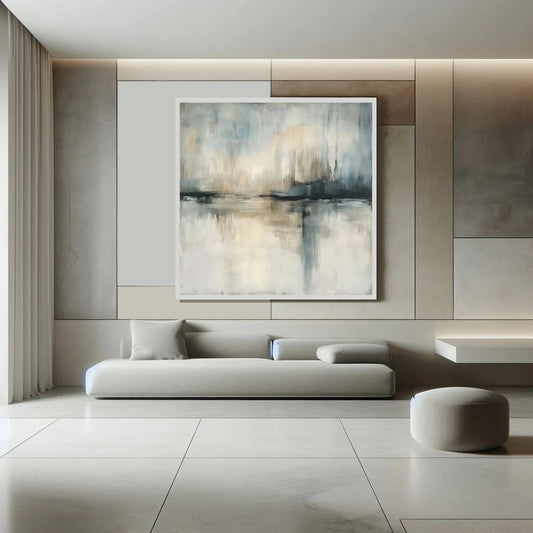 “Whispers on Water” by Sarah Lemaire – abstract horizon painting with ivory, slate blue, and beige tones, evoking calm waters and mirrored reflections in minimalist style.