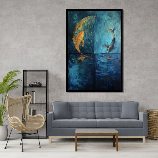 “Zen Water Dance” by ArtixHub – abstract canvas wall art symbolizing yin and yang through splashing water forms in mirrored black and white tones, featuring hidden koi fish and spiritual harmony. Ideal for wellness spaces, studios, or bedrooms, this calming artwork brings balance and mindfulness to UAE homes rooted in peaceful, intentional design.