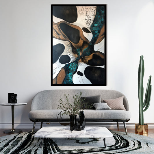 Abyss Flow – abstract surrealist painting with black voids, turquoise cell patterns, and golden earth tones, available on ArtixHub