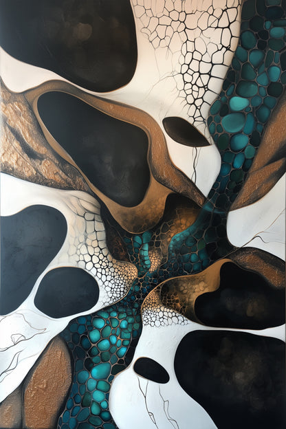 Abyss Flow – abstract surrealist painting with black voids, turquoise cell patterns, and golden earth tones, available on ArtixHub