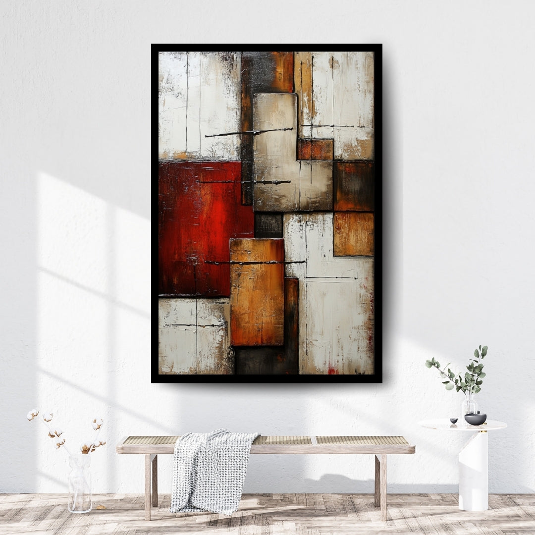 Aged in Structure – abstract textured wall art with layered rectangles in bronze, red, and beige tones from ArtixHub