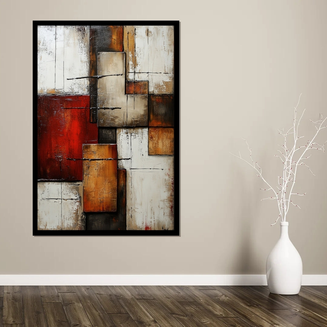 Aged in Structure – abstract textured wall art with layered rectangles in bronze, red, and beige tones from ArtixHub