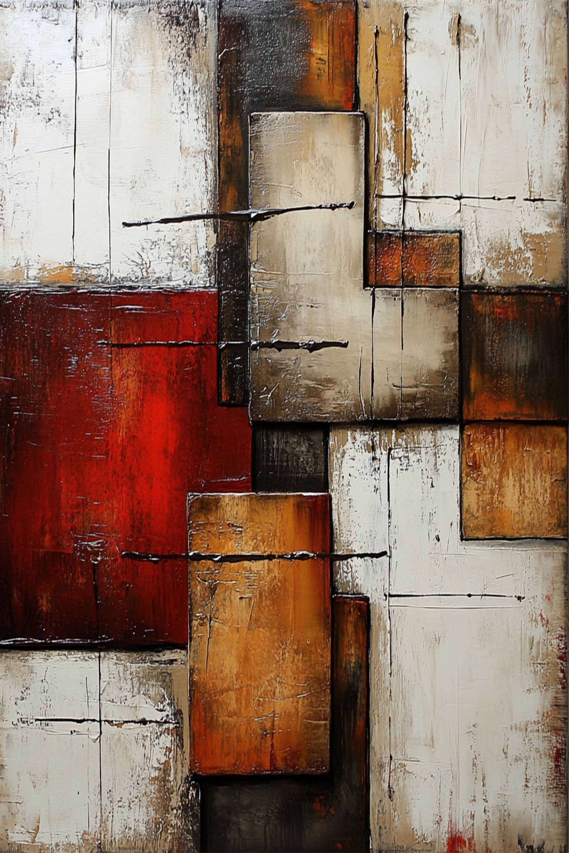 Aged in Structure – abstract textured wall art with layered rectangles in bronze, red, and beige tones from ArtixHub