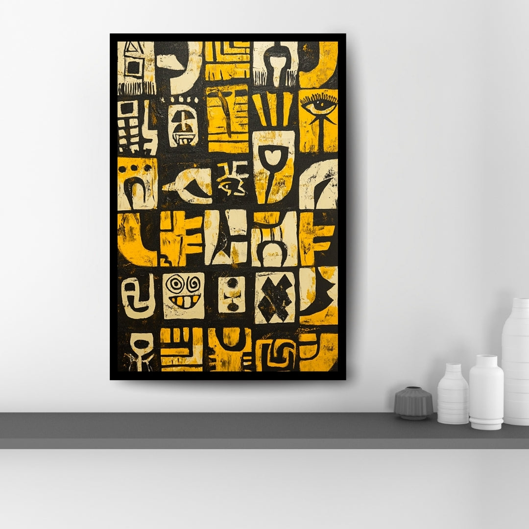 Patterned fabric with abstract designs in yellow, white, and black on a black background. Ancestral Frequency – abstract tribal typography painting in golden yellow and black by African artist Amina Diallo