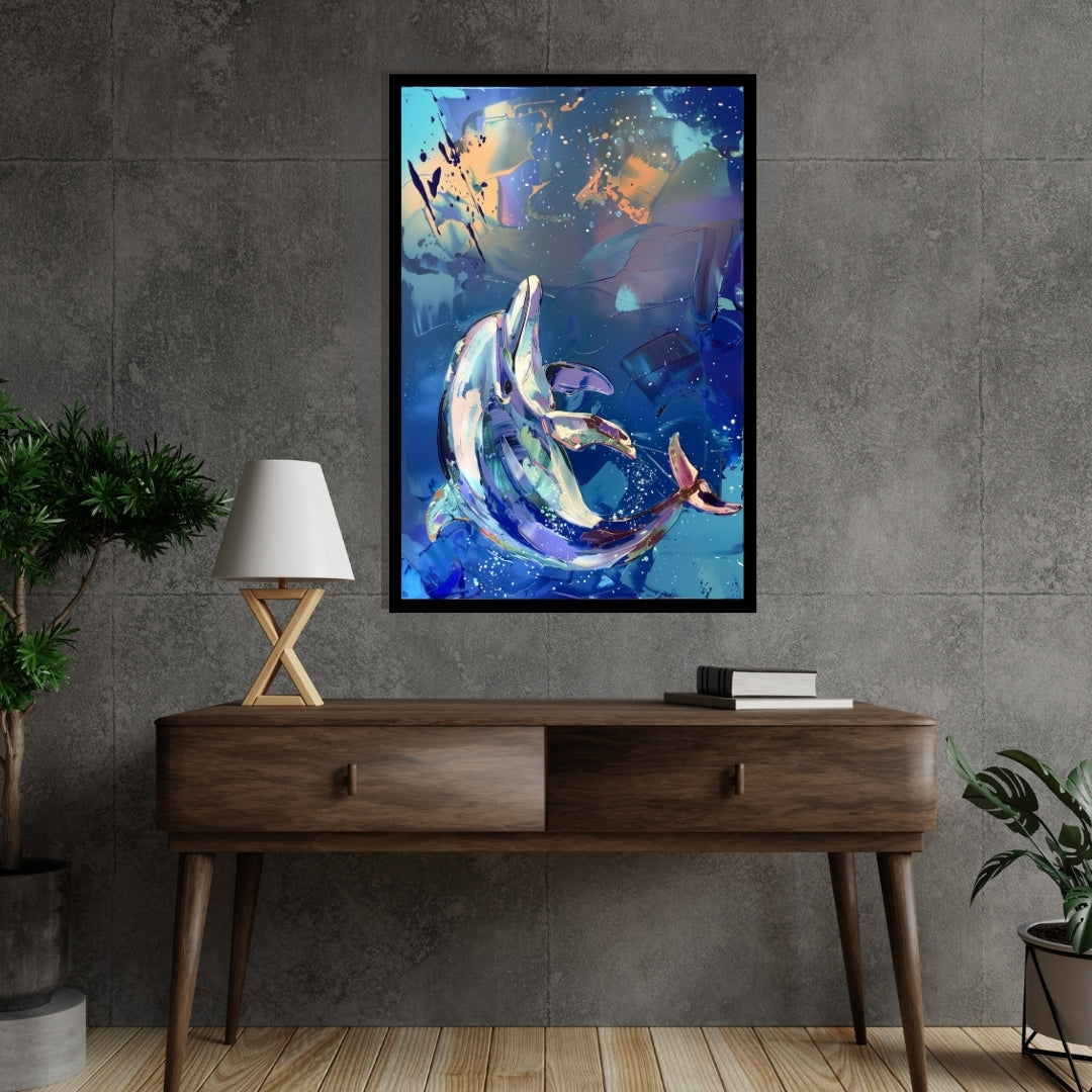 Aquatic Ballet – expressive painting of dolphins swimming in abstract blue ocean background, available on ArtixHub