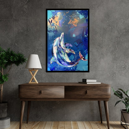 Aquatic Ballet – expressive painting of dolphins swimming in abstract blue ocean background, available on ArtixHub