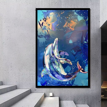 Aquatic Ballet – expressive painting of dolphins swimming in abstract blue ocean background, available on ArtixHub