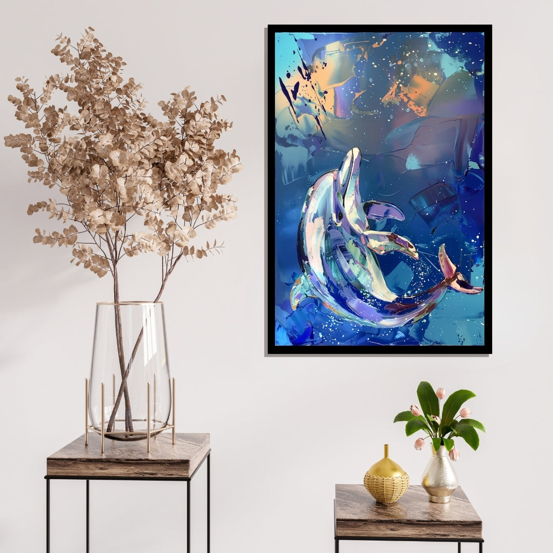 Aquatic Ballet – expressive painting of dolphins swimming in abstract blue ocean background, available on ArtixHub