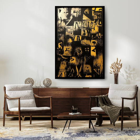Abstract art with black and gold patterns on a textured background. Ashes of Language – abstract tribal glyph painting in black and golden yellow by African artist Amina Diallo