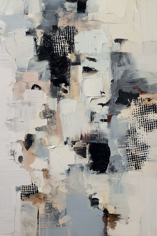 Ballast – abstract minimalist painting in white, black, gray, and beige with textured brush strokes, available on ArtixHub