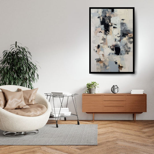 Ballast – abstract minimalist painting in white, black, gray, and beige with textured brush strokes, available on ArtixHub