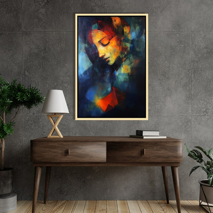 Beholder’s Bastion – abstract expressionist painting of a woman's face in vivid red, yellow, and deep blue hues, available on ArtixHub