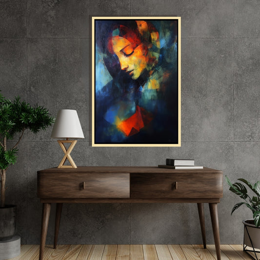 Beholder’s Bastion – abstract expressionist painting of a woman's face in vivid red, yellow, and deep blue hues, available on ArtixHub