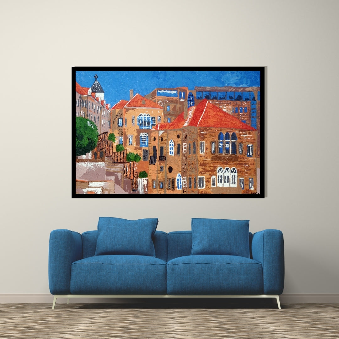 Painting of a cityscape with buildings and blue sky. Beirut – Lebanese cityscape painting of traditional architecture with red rooftops by Mira Ayyash