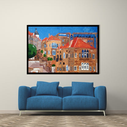 Painting of a cityscape with buildings and blue sky. Beirut – Lebanese cityscape painting of traditional architecture with red rooftops by Mira Ayyash