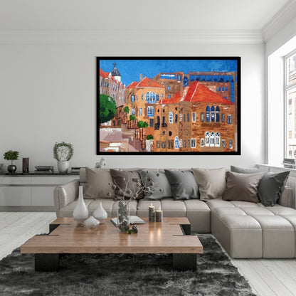 Painting of a cityscape with buildings and blue sky. Beirut – Lebanese cityscape painting of traditional architecture with red rooftops by Mira Ayyash