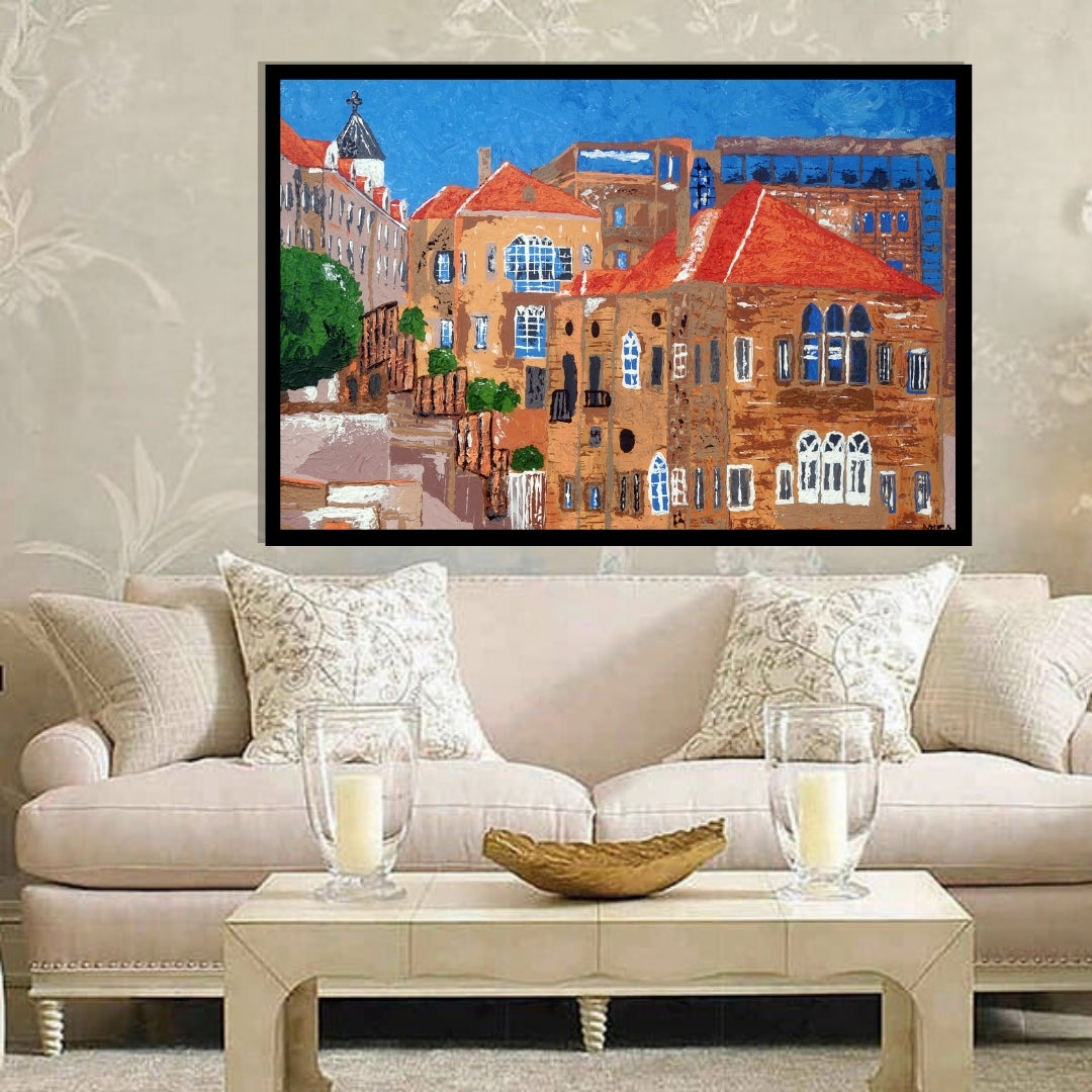 Painting of a cityscape with buildings and blue sky. Beirut – Lebanese cityscape painting of traditional architecture with red rooftops by Mira Ayyash