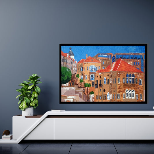 Painting of a cityscape with buildings and blue sky. Beirut – Lebanese cityscape painting of traditional architecture with red rooftops by Mira Ayyash