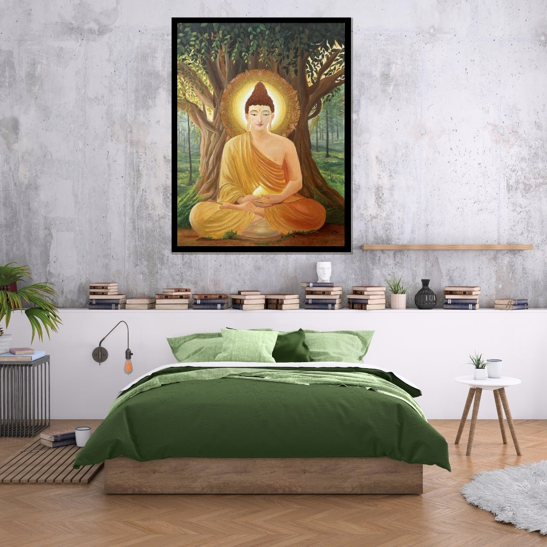 Painting of Buddha under a bodhi tree with a serene expression. Beneath Stillness – Buddha meditation painting beneath a tree with golden light by Hitika Puri