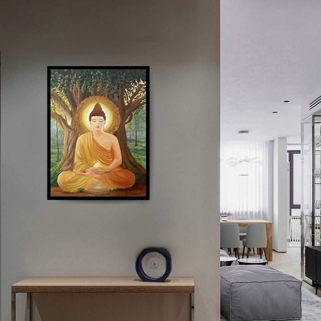 Original Painting of Buddha under a bodhi tree with a serene expression. Beneath Stillness – Buddha meditation painting beneath a tree with golden light by Hitika Puri