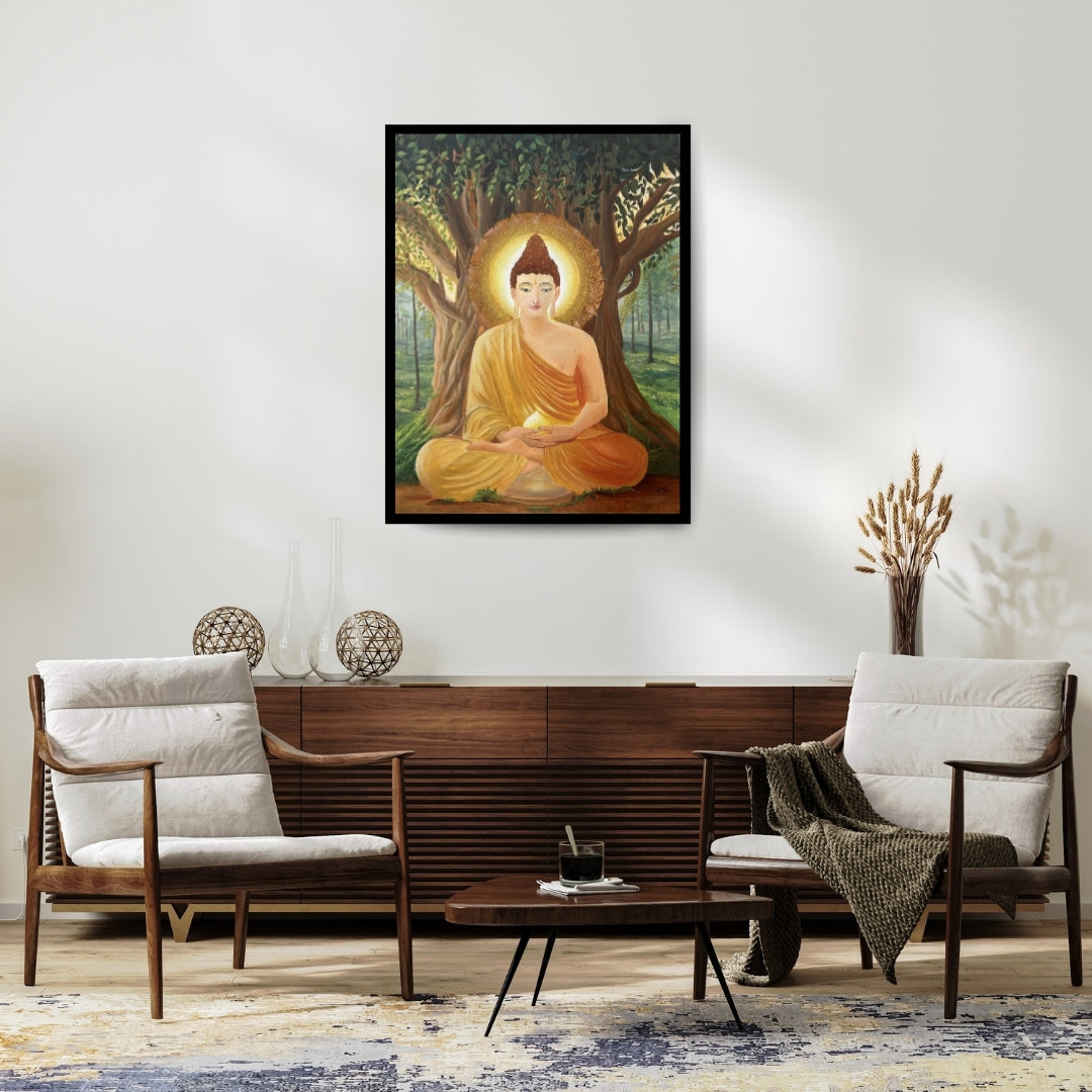 Original Painting of Buddha under a bodhi tree with a serene expression. Beneath Stillness – Buddha meditation painting beneath a tree with golden light by Hitika Puri