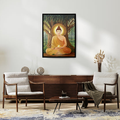 Original Painting of Buddha under a bodhi tree with a serene expression. Beneath Stillness – Buddha meditation painting beneath a tree with golden light by Hitika Puri