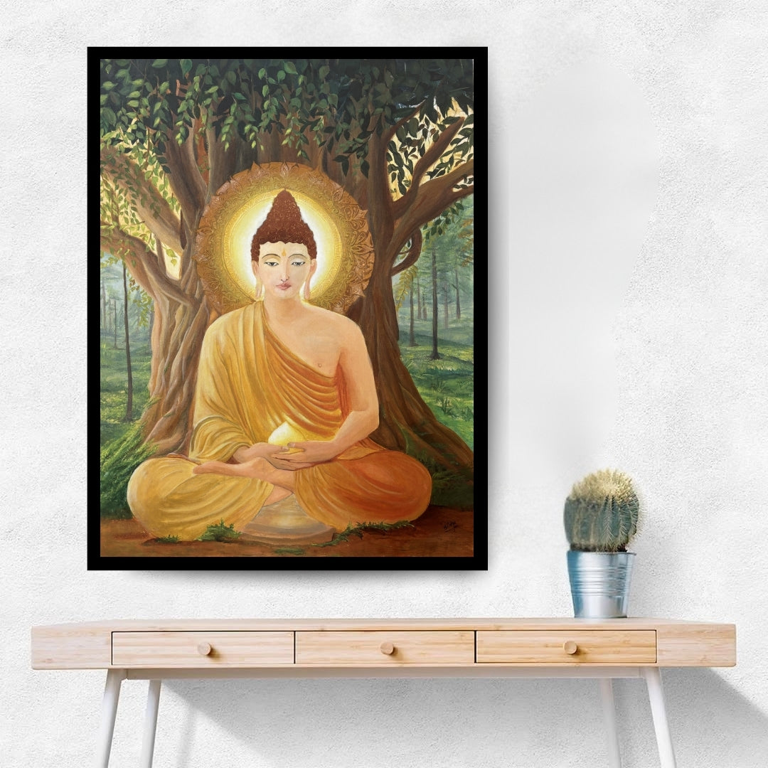 Painting of Buddha under a bodhi tree with a serene expression. Beneath Stillness – Buddha meditation painting beneath a tree with golden light by Hitika Puri