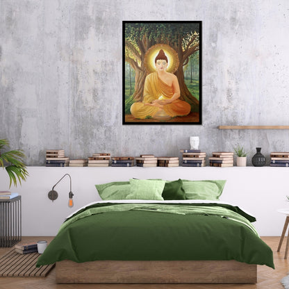 Original Painting of Buddha under a bodhi tree with a serene expression. Beneath Stillness – Buddha meditation painting beneath a tree with golden light by Hitika Puri