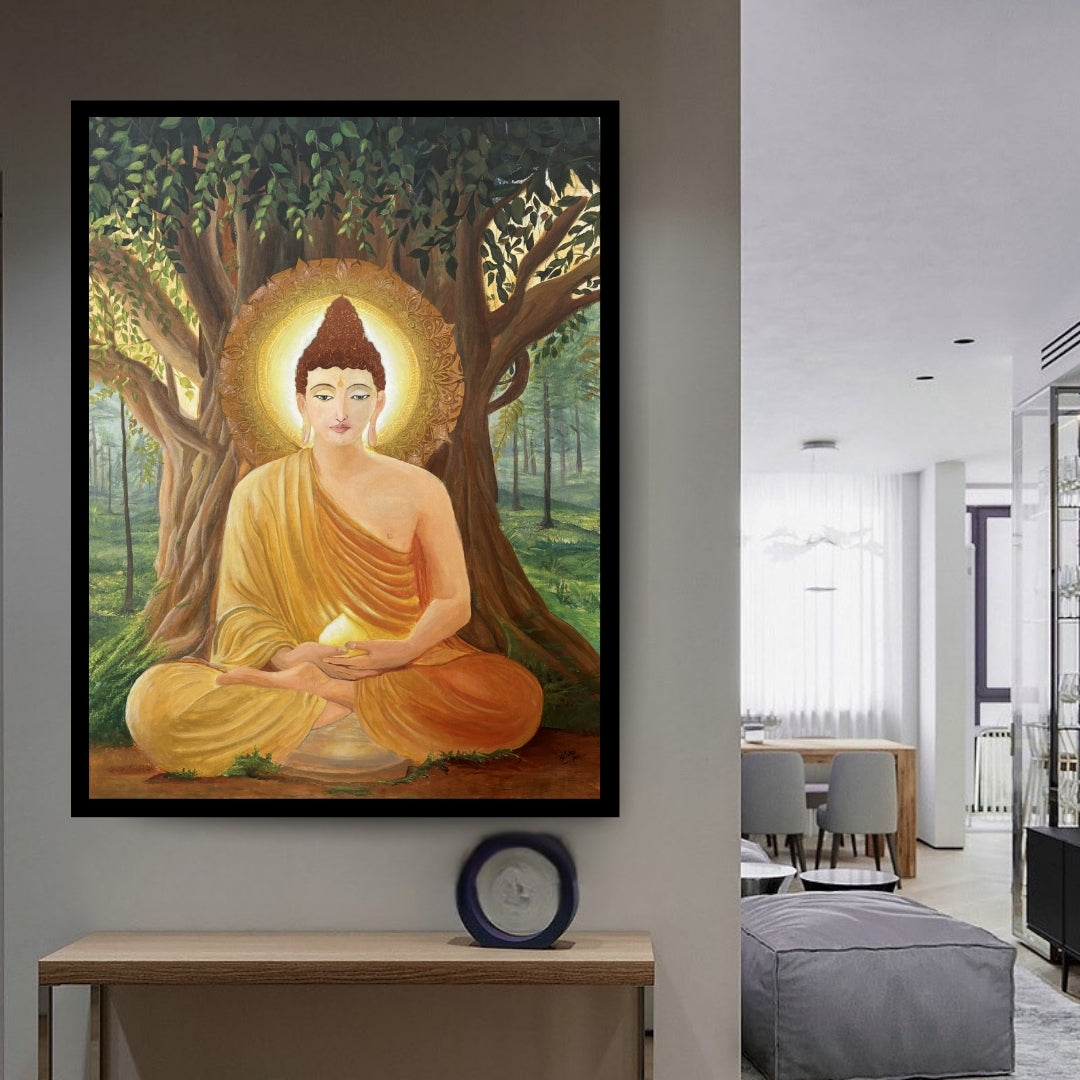 Painting of Buddha under a bodhi tree with a serene expression. Beneath Stillness – Buddha meditation painting beneath a tree with golden light by Hitika Puri