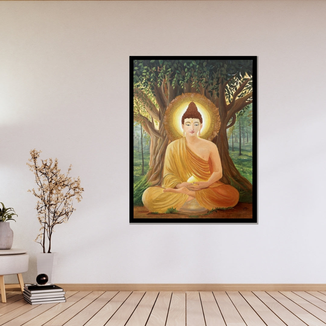 Original Painting of Buddha under a bodhi tree with a serene expression. Beneath Stillness – Buddha meditation painting beneath a tree with golden light by Hitika Puri