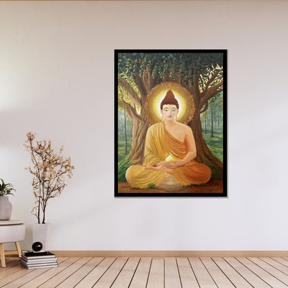 Original Painting of Buddha under a bodhi tree with a serene expression. Beneath Stillness – Buddha meditation painting beneath a tree with golden light by Hitika Puri