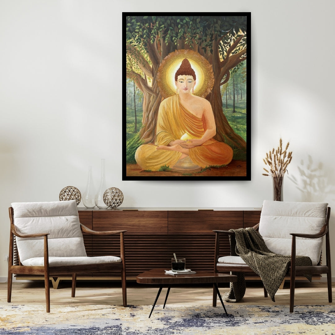 Painting of Buddha under a bodhi tree with a serene expression. Beneath Stillness – Buddha meditation painting beneath a tree with golden light by Hitika Puri
