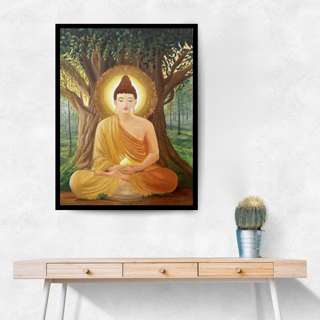 Original Painting of Buddha under a bodhi tree with a serene expression. Beneath Stillness – Buddha meditation painting beneath a tree with golden light by Hitika Puri