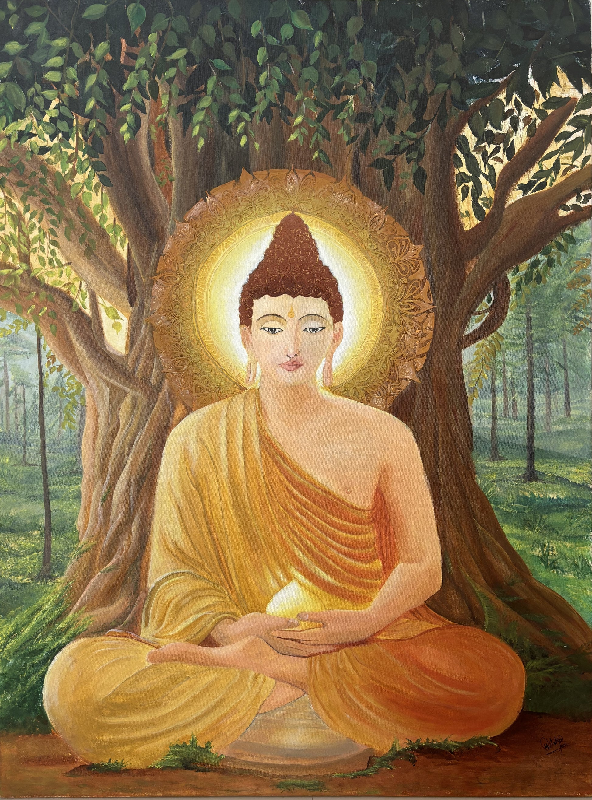 Original Painting of Buddha under a bodhi tree with a serene expression. Beneath Stillness – Buddha meditation painting beneath a tree with golden light by Hitika Puri